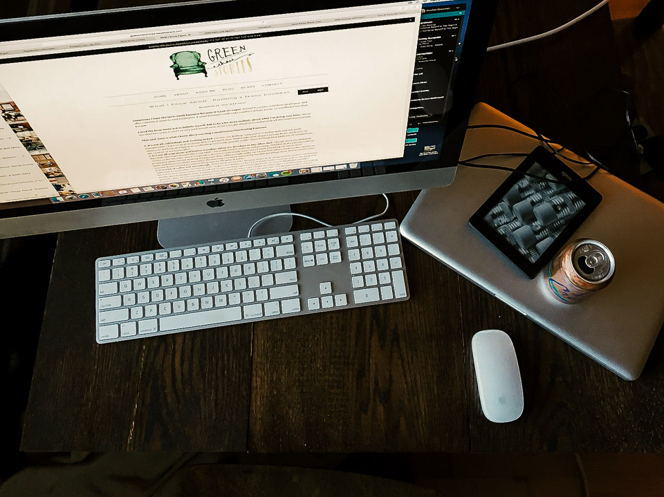 My new office set-up at our dining room table during remodel and puppy existing.