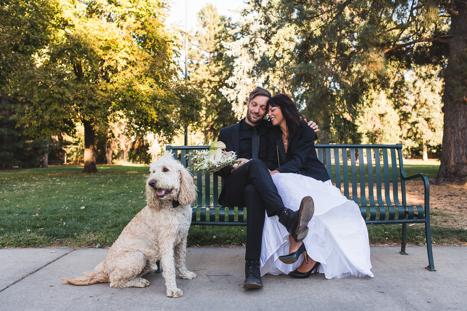 bride and groom at congress park wedding denver colorado